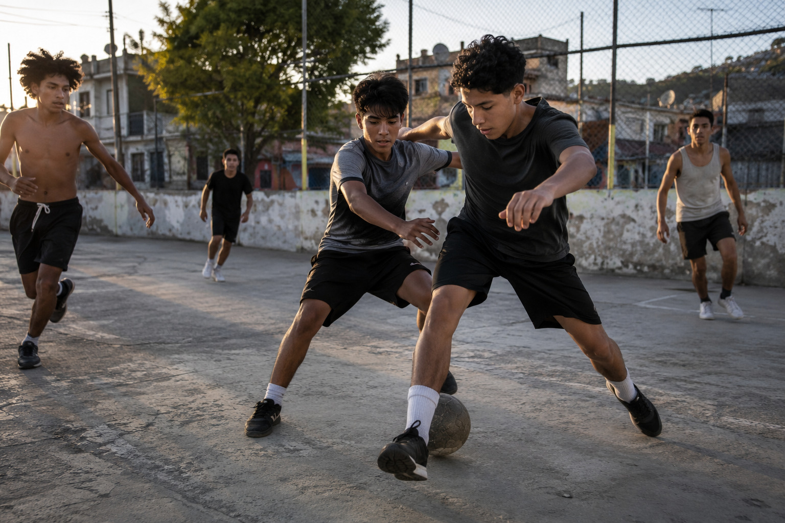Jóvenes futbolistas jugando en una cancha urbana de concreto
