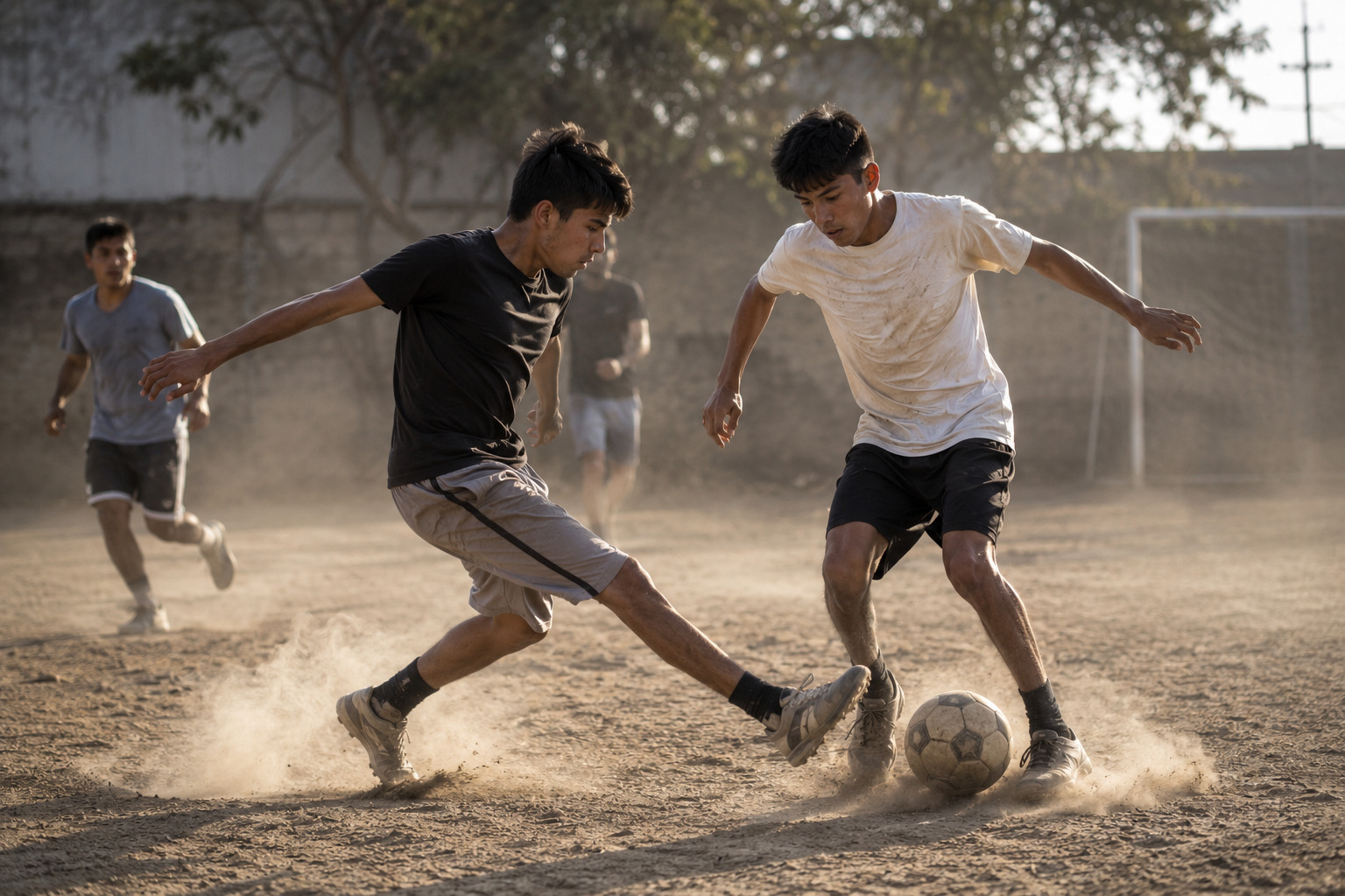 Jóvenes futbolistas disputando el balón en una cancha de tierra